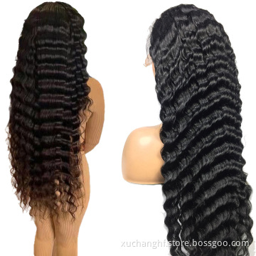 Natural Black Color Cuticle Aligned Unprocessed Virgin Human Hair Deep Wave Lace Frontal Wig